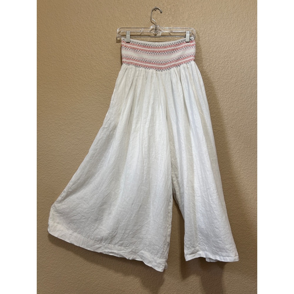 Anthropologie XXS Linen Wide Leg Smocked Waist Pants White Boho OB2439123